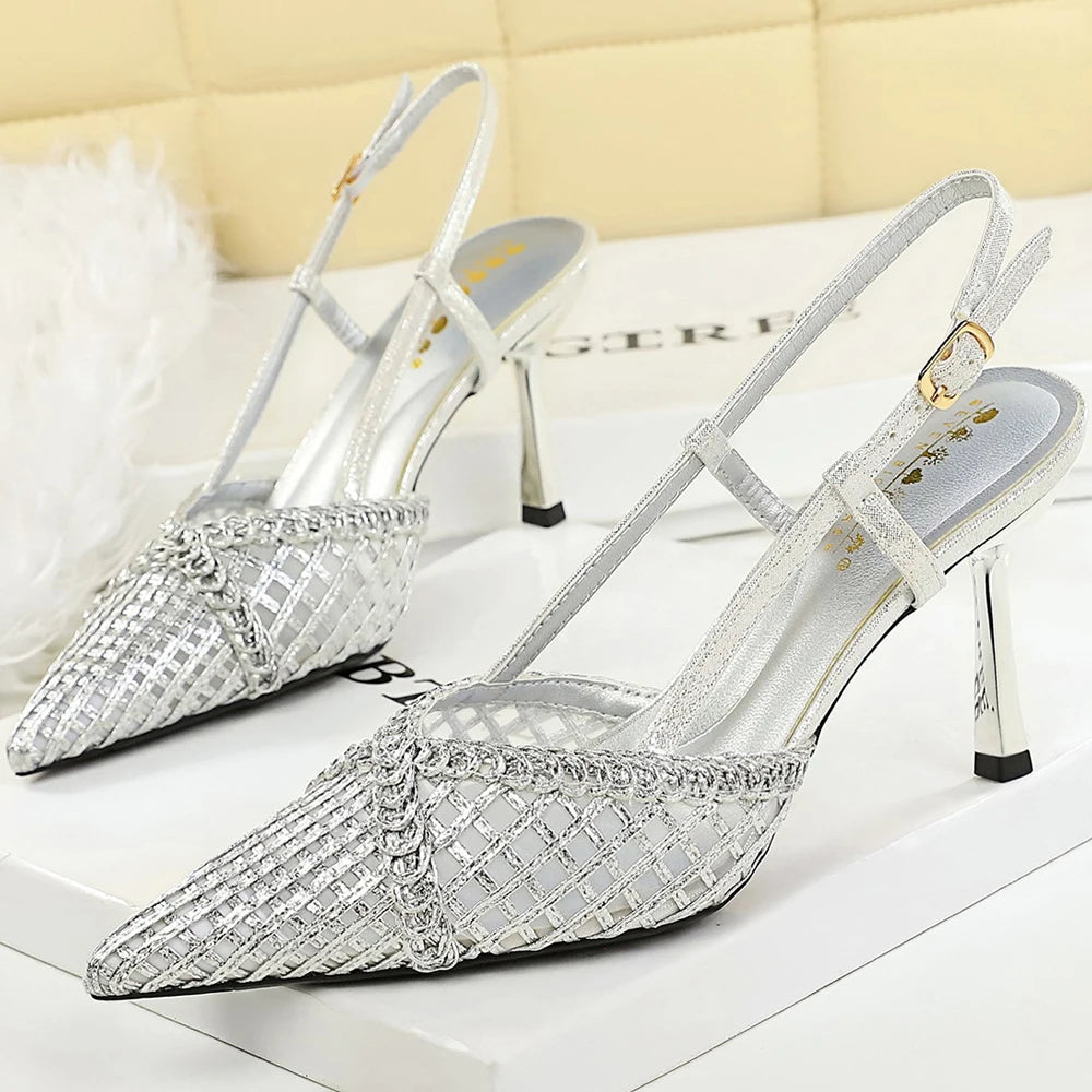 BIGTREE Shoes Hollow Woven Mesh Women Pumps Pointed Tip Stiletto High Heels 8 cm Buckle Heeled Sandals Women Summer Ladies Heels