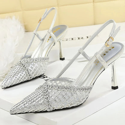 BIGTREE Shoes Hollow Woven Mesh Women Pumps Pointed Tip Stiletto High Heels 8 cm Buckle Heeled Sandals Women Summer Ladies Heels