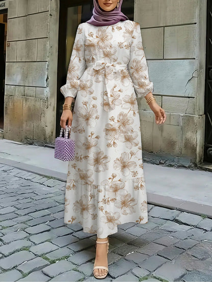 New Western style elegant floral print elastic waist spliced ruffled hem dress