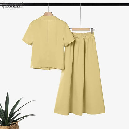 ZANZEA Women Summer 2 Piece Sets Elegant Short Sleeve Lapel Neck Blouse Dress Sets Solid A Line OL Work Skirt Suit Office Outfit