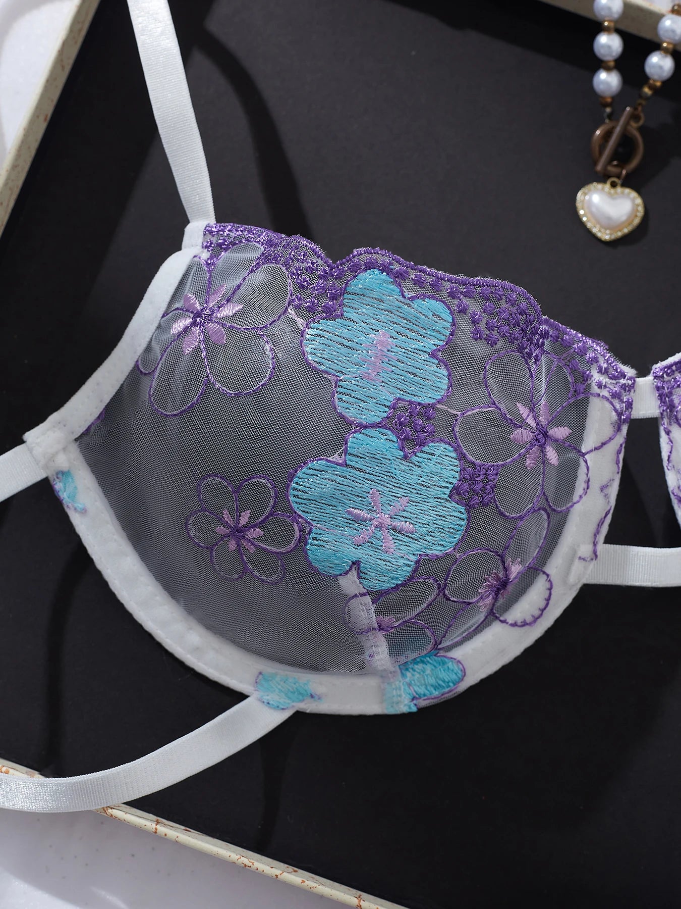 Women's Floral Embroidered Lingerie Set - Two-Piece Embroidered Bra Set - White Underwear Set