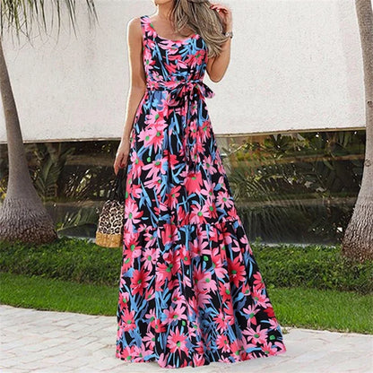 Summer Sweet Style Print Sleeveless Dresses Women High Waist Lace-up O Neck Pullover Dress Casual Female Frock Pleated Hem Gown