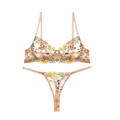 Bohemia Transparent Lingerie Set Push Up Elegant Embroidery Floral Underwear Ultra-thin Bra Suit Girl