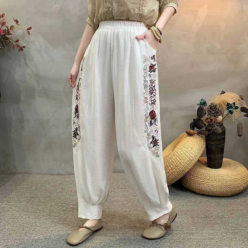 Fashionable Cotton And Linen Lantern Pants For Women's Daily Wear, Plus Size Casual Loose Elastic Waist Pants, High-quality