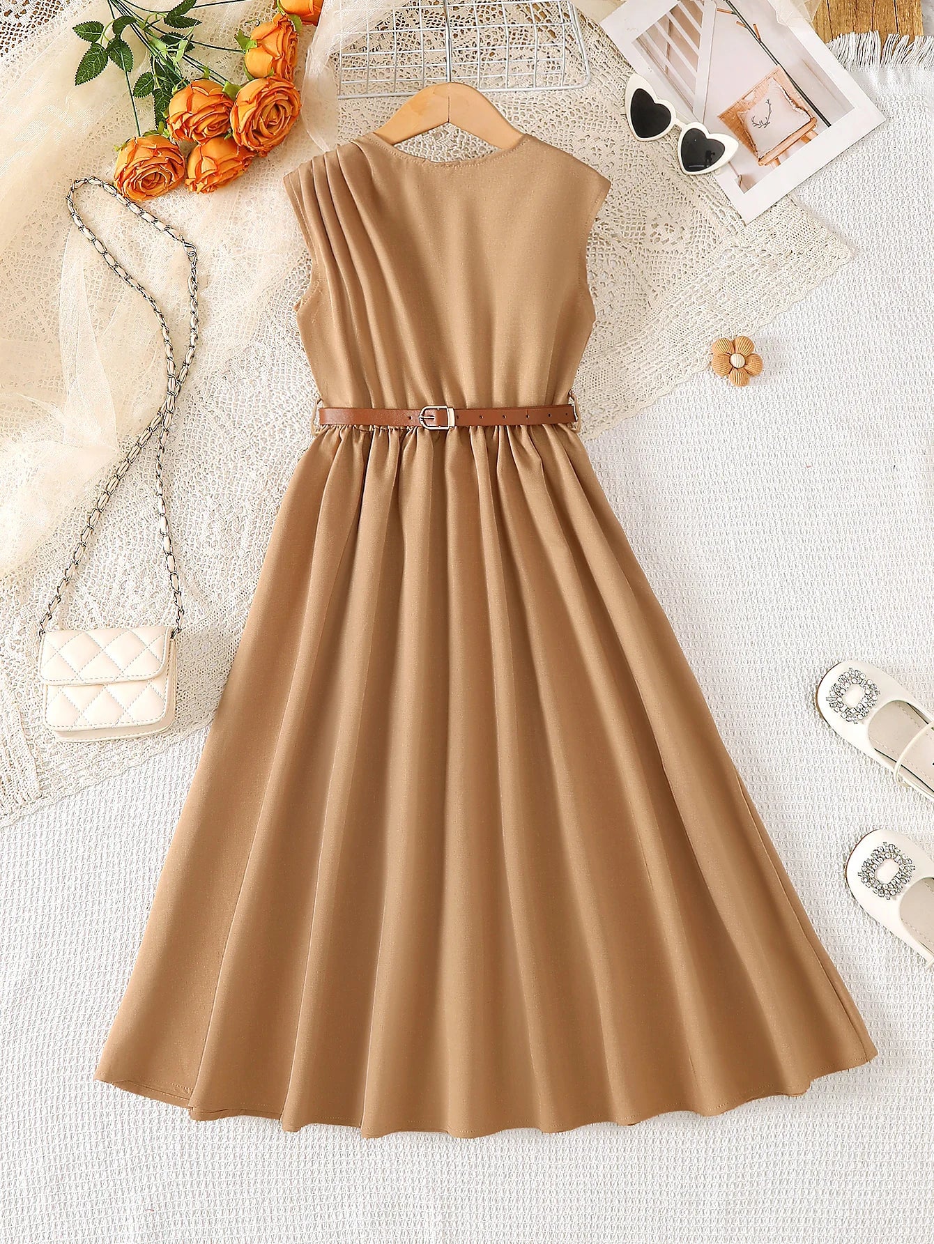 Girls Summer Sleeveless Elegant Pure Color Midi Dress Suitable for Daily Commute Outdoor Business Casual Chic Simple Design