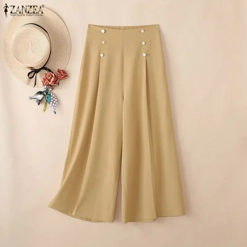ZANZEA Summer Women High Waist Officewear Pants Stylish Pleated Trousers Elegant Casual Solid Loose Wide Leg Pantalon Streetwear