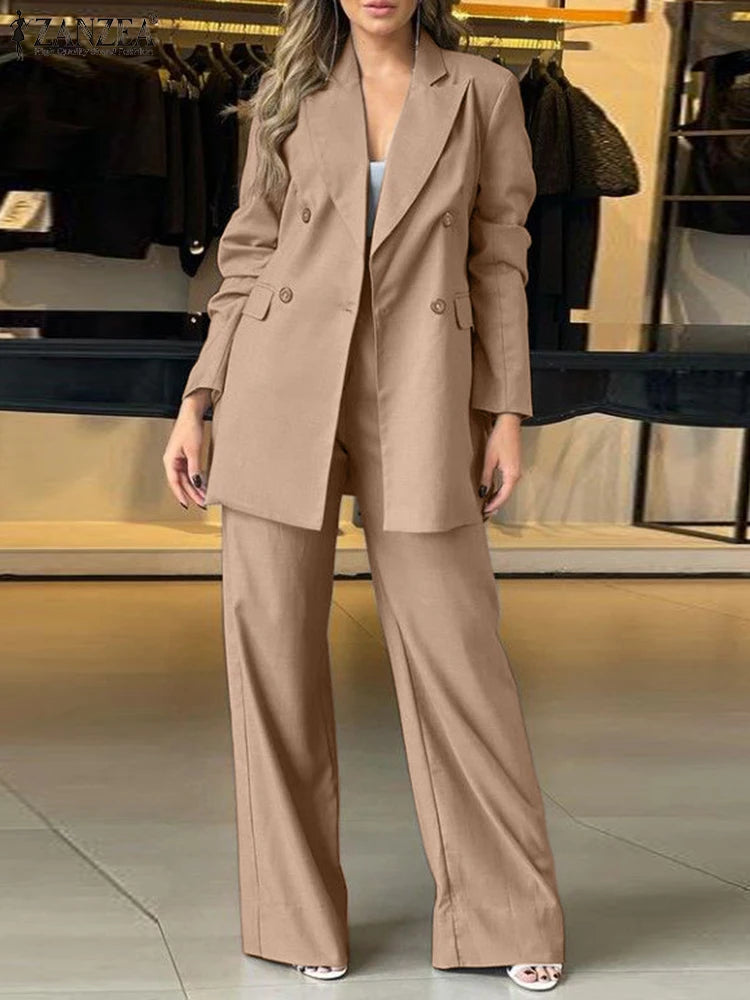 2PCS Women Blazer Suits Spring Pant Sets ZANZEA Elegant OL Work Tracksuits Lapel Neck Long Sleeve Tops Wide Leg Trousers Suit