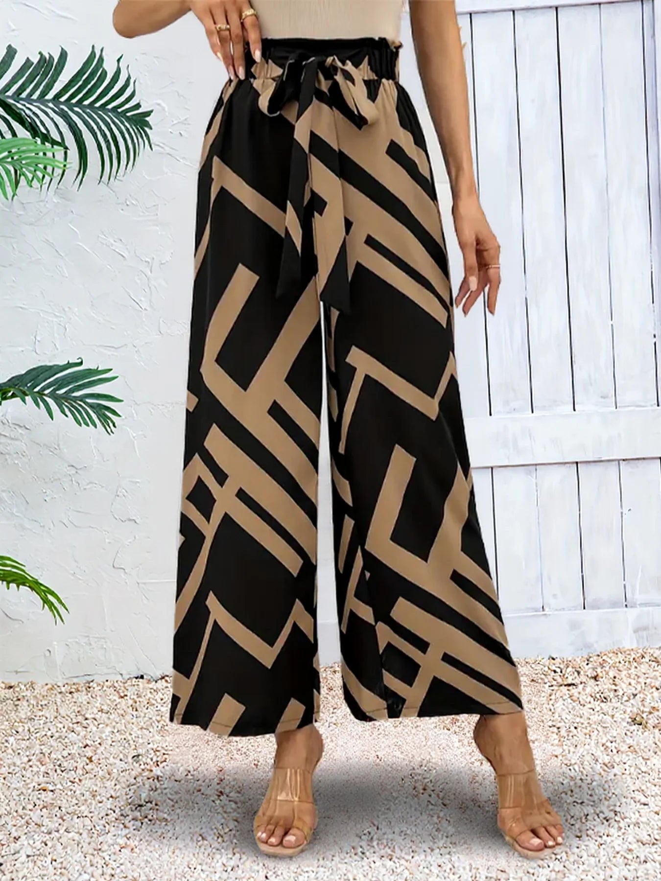 Women's High Waist Geometric Print Wide Leg Pants Bow Tie Casual Long Pants Elegant Streetwear