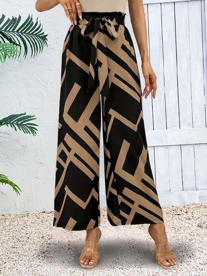 Women's High Waist Geometric Print Wide Leg Pants Bow Tie Casual Long Pants Elegant Streetwear