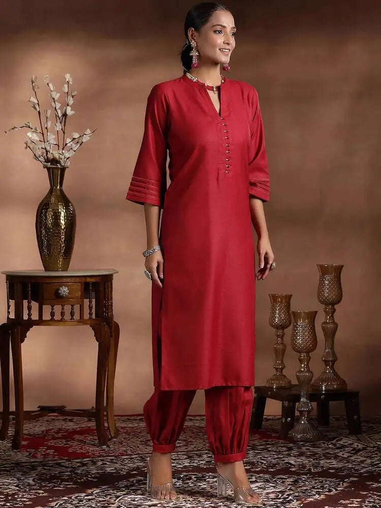 Indian Women's Clothing New Ethnic Style Red Spring Summer V-neck Cotton Blend Three-quarter Sleeve Jacquard Three-piece Set