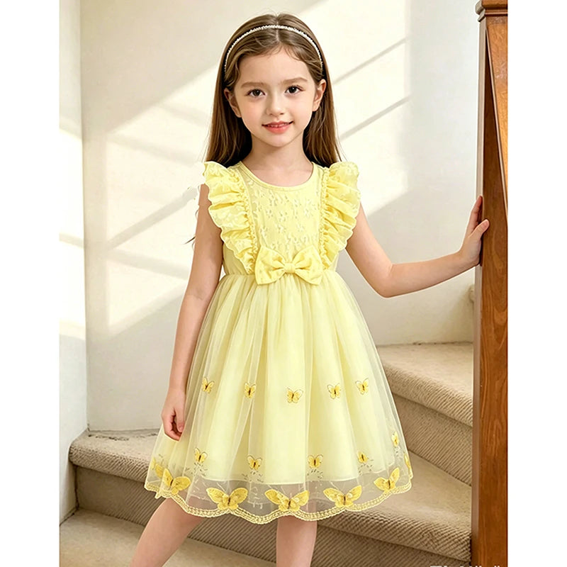 Dress For Girls Yellow O-Neck Fly-Sleeve Tulle Bowknot 8-12 Years Summer Elegant Sweet Style Princess Dress Kids Clothing