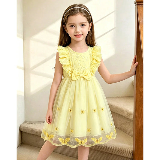 Dress For Girls Yellow O-Neck Fly-Sleeve Tulle Bowknot 8-12 Years Summer Elegant Sweet Style Princess Dress Kids Clothing