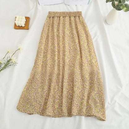 Summer Skirts Womens Vintage Floral Printed Chiffon Skirts Elastic High Waist Casual Midi A-Line Beach Skirts