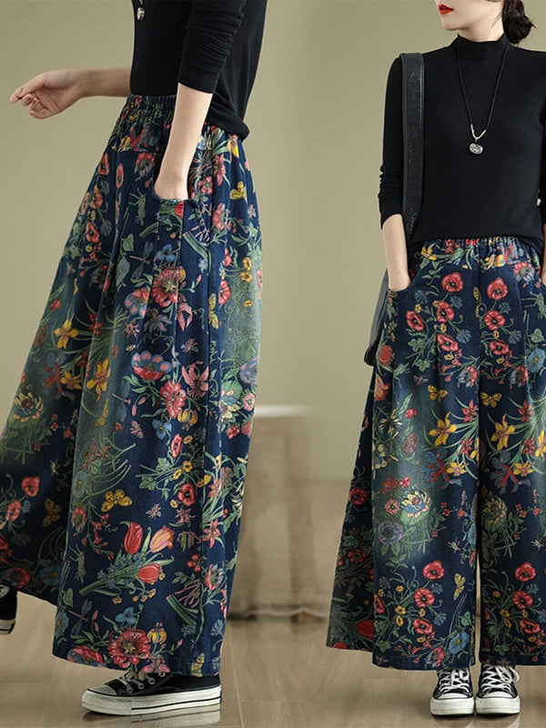 plus Size Denim Wide Leg Pants New Print Elastic Loose Slimming Casual Versatile Straight Cut Denim Pants Commute Sle Cotto...