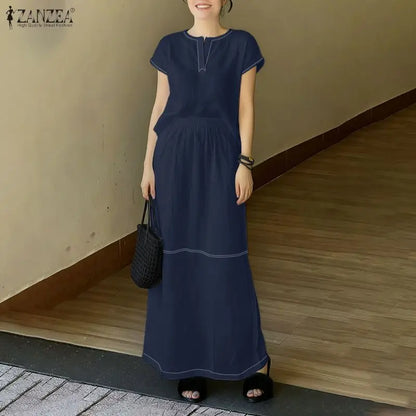 ZANZEA Summer 2 Piece Sets Elegant Women Short Sleeve Blouse Dress Sets Stylish Solid OL Work Outfits Casual Holiday Skirt Suit