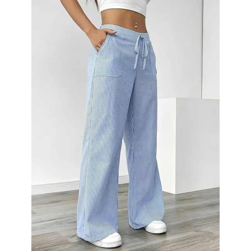 New Women's Casual Striped Blue Pocket Pants Fashionable Popular Sports Trousers for Ladies