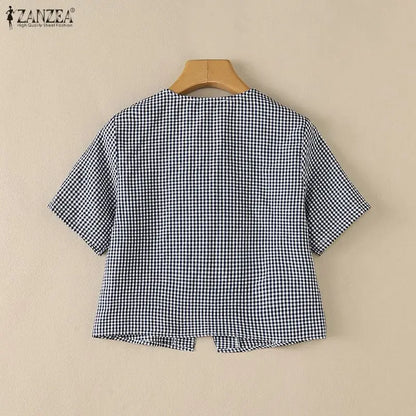 ZANZEA Women Casual Gingham Tie-Front Cardigans V-Neck Short Sleeve Short Shirts 2026 Summer Fashion Dates Daily Wear Tops