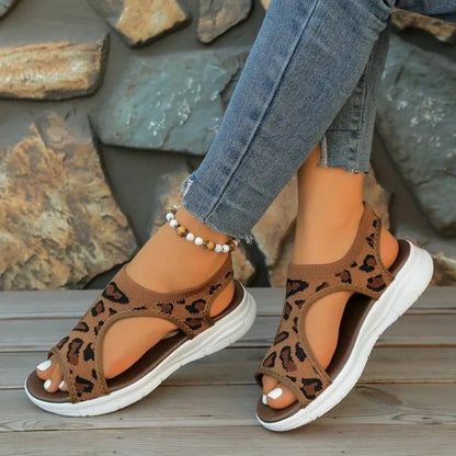 Women's Casual Sandals Open Toe Low Platform Heel Animal Pattern Slip on Sporty Slingback Outdoor Walking Footwear Knit Upper