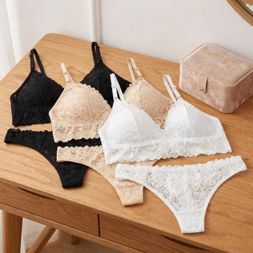 V Neck Lace Flower Bra Set Solid Color Thong Floral Panties Bra Kit Low Waist T-Back Lace Underwear Valentine's Day Gift