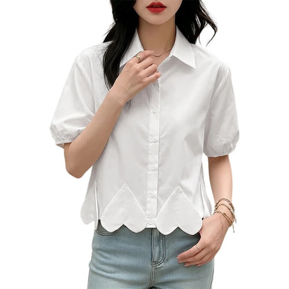 ZANZEA Heart-Shaped Detailing Short Shirt Women Short Puff Sleeve Turn-Down Collar Button Up Top Summer Streetwear Camisas Mujer
