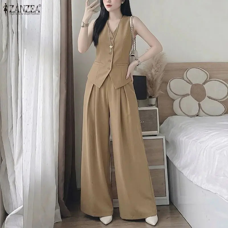 ZANZEA Women Minimalist Elegant 2 Piece Pant Sets Summer Old Money Vest & Wide Leg Pant Suits Office Commute 2pcs Sets Outfits