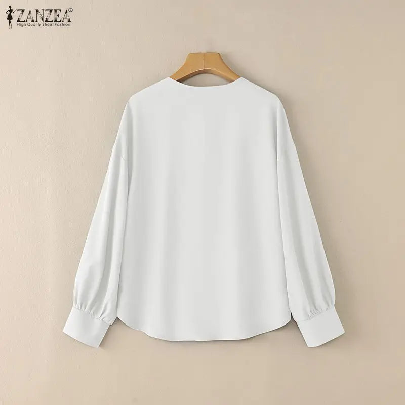 ZANZEA Woman Pintuck Details White Blouses Elegant Lace-Up V-Neck Long Sleeve Top Spring Summer Casual Loose Blusas de Mujer 3XL