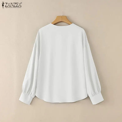 ZANZEA Woman Pintuck Details White Blouses Elegant Lace-Up V-Neck Long Sleeve Top Spring Summer Casual Loose Blusas de Mujer 3XL