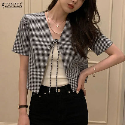 ZANZEA Women Casual Gingham Tie-Front Cardigans V-Neck Short Sleeve Short Shirts 2026 Summer Fashion Dates Daily Wear Tops
