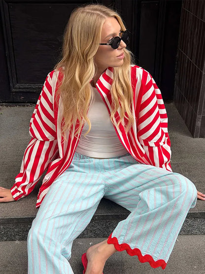 Loose Stripe Women'e Long Pants Summer Elastic Waist Contrast Ruffle Wide Leg Pant For Women 2026 Fashion Casual Lady Trousers