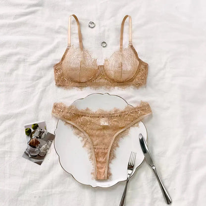 Ladies' Basic Style Thin Lace Bra And Panty Set Seamless Single Layer Eyelet Underwear Comfortable Intimate Apparel