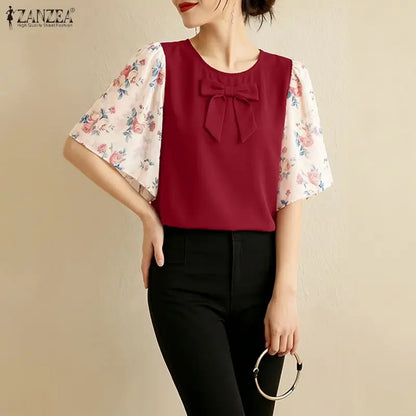 ZANZEA Women's Bow Detail Blouses Elegant O-Neck Floral Printed Chiffon Patchwork Sleeves Tops Summer Daily Wear Blusas de Mujer