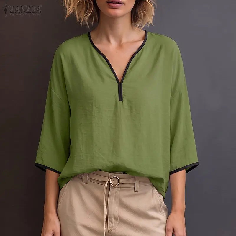 ZANZEA Woman Casual Blouses Contrast-Trim V-Neck 3/4 Sleeve Loose Tunic Tops Autumn 2026 Minimalist Daily Wear Blusas Mujer
