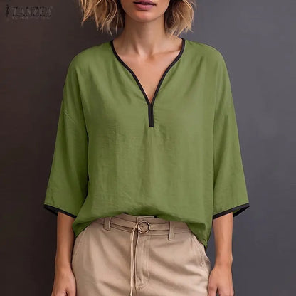 ZANZEA Woman Casual Blouses Contrast-Trim V-Neck 3/4 Sleeve Loose Tunic Tops Autumn 2026 Minimalist Daily Wear Blusas Mujer
