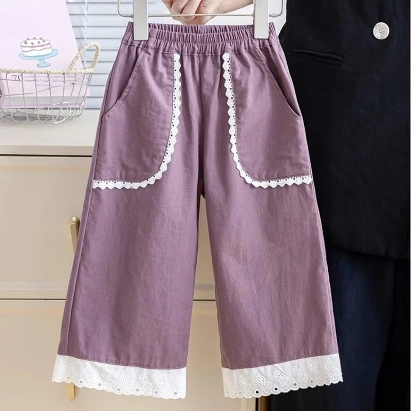 Girls' Casual Joggers 2026 Spring Summer Wide Leg Kids' Sport Pants Stylish Elastic Waist Toddler Clothing
