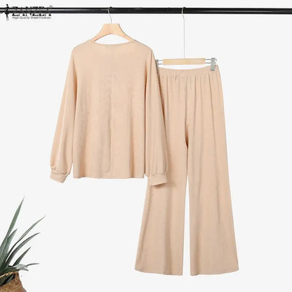 ZANZEA Plus Size-Women's Ribbed Knit Pant Suits Long Sleeve Tops & Slit Hem Wide-Leg Pants 2 Pieces Sets Cozy Loose Outfits 5XL