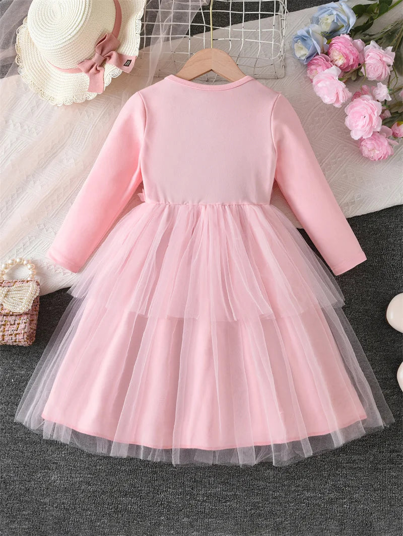 Kids Autumn 3D Flower Bow Dresses Children Princess Style Long Sleeve Mesh Puff Skirt Girls Birthday Party Performance Dress