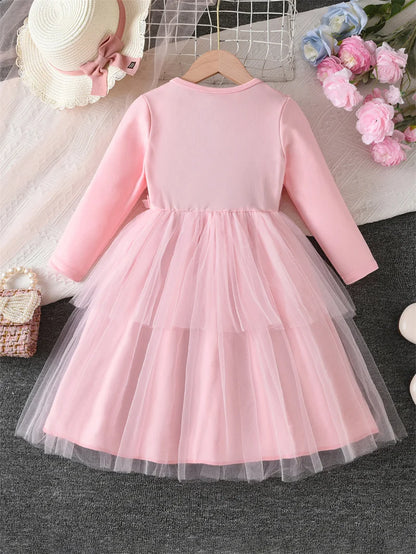 Kids Autumn 3D Flower Bow Dresses Children Princess Style Long Sleeve Mesh Puff Skirt Girls Birthday Party Performance Dress
