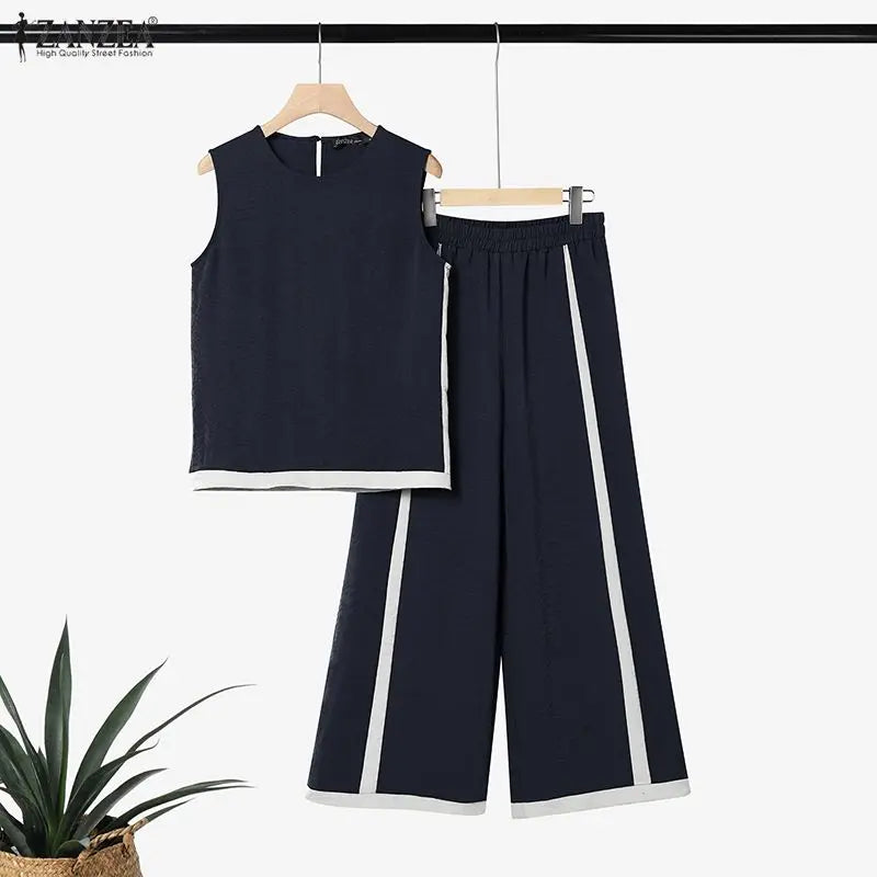 Stylish Summer 2 Pieces Oufits ZANZEA Women Color-Blocking Tracksuit Casual O Neck Sleeveless Tanks Tops Wide Leg Pant Sets 2026