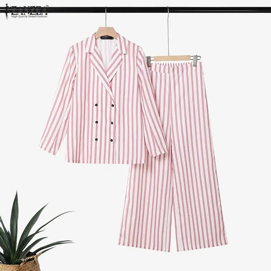 ZANZEA Casual Office Stripe Suits Women Striped Outfit Two Piece Vintage Long Sleeve Double Breasted Blazer Wide Leg Pants Sets