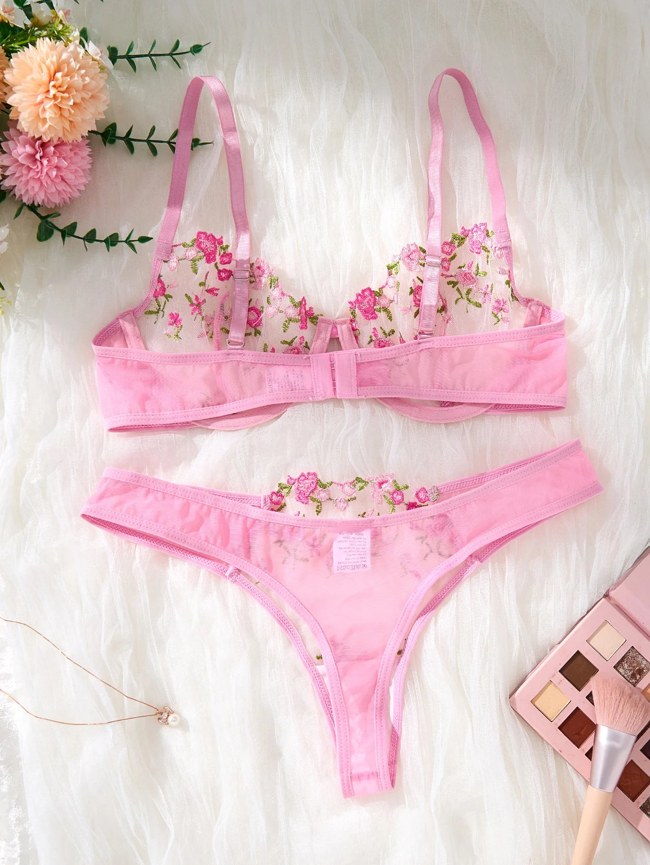 Pink Floral Embroidery Lingerie Set 2PCS Sheer Mesh Bra & Panty Women Sexy Underwear Gift ZA8240236