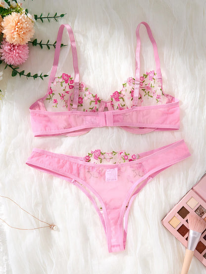 Pink Floral Embroidery Lingerie Set 2PCS Sheer Mesh Bra & Panty Women Sexy Underwear Gift ZA8240236