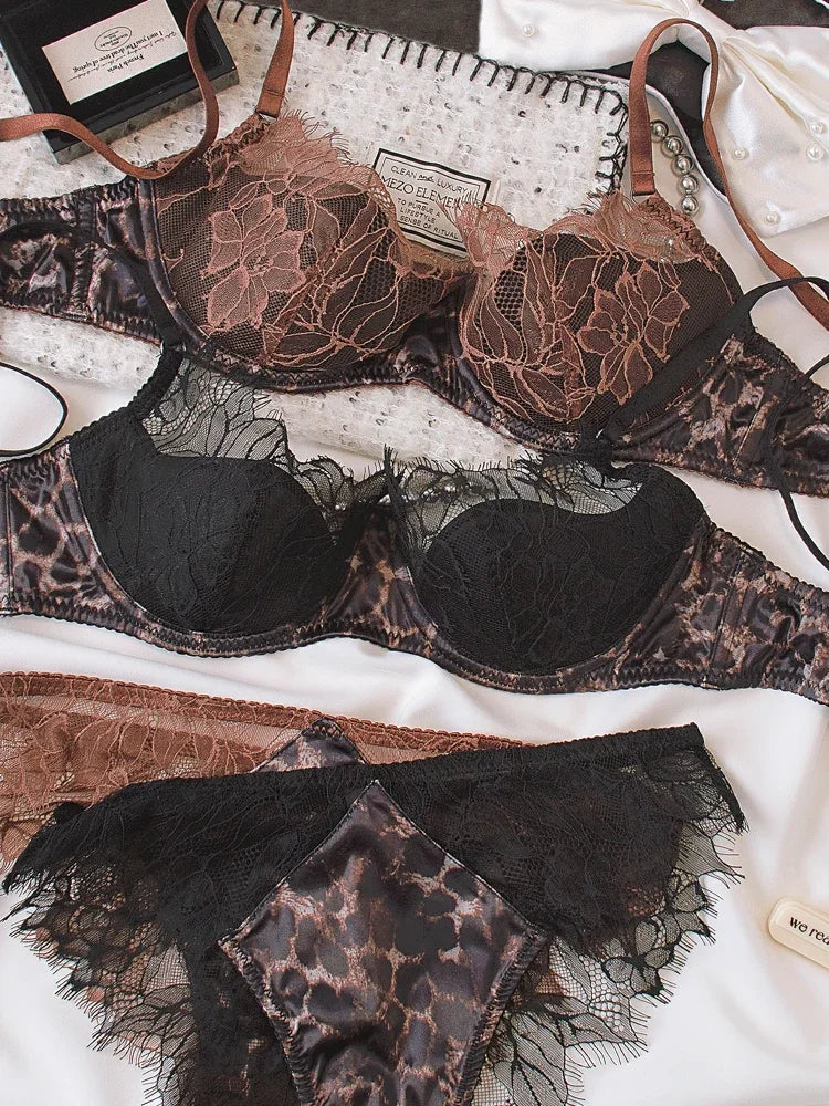 Sexy lace thin bra set female leopard underwear panties eyelash lingerie comfortable steel ring thin bras