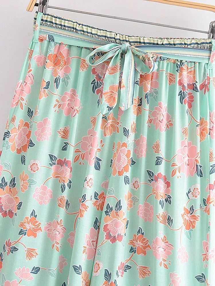 Vintage Chic Fashion Women Floral Print Wide Leg Bohemian Pants Lady Sashes Loose Rayon Boho Long Pant Trousers Streetwear