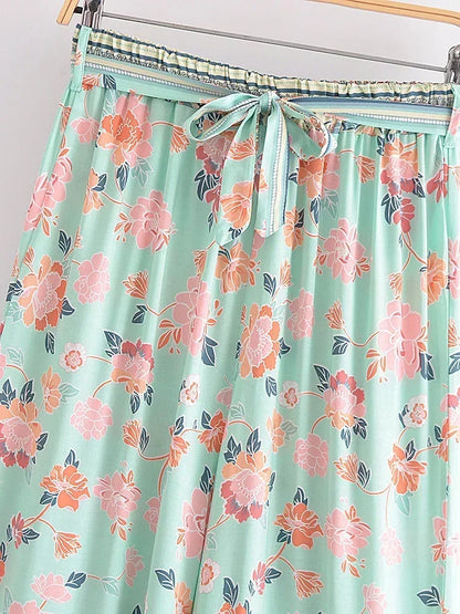 Vintage Chic Fashion Women Floral Print Wide Leg Bohemian Pants Lady Sashes Loose Rayon Boho Long Pant Trousers Streetwear