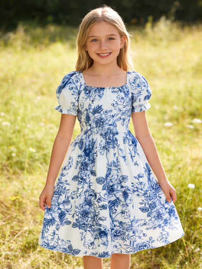Girls' bubble short-sleeved dress, elegant and fashionable floral dress for summer outdoor leisure activities and parties
