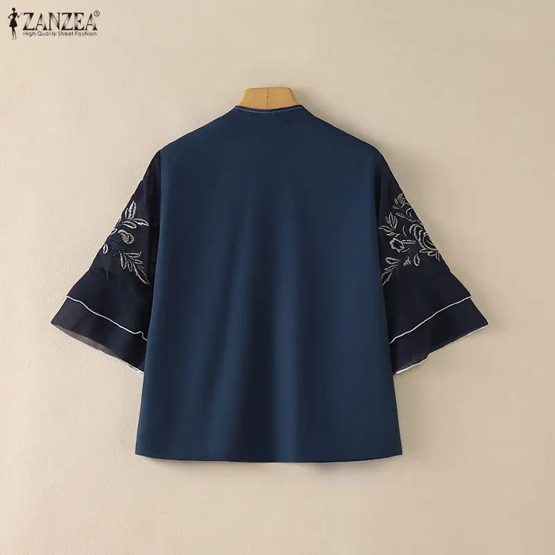 ZANZEA Women Floral Embroidered 3/4 Flared Sleeve Blouses Vintage Mandarin Collar Keyhole Neckline Tops Elegant Blusas de Mujer