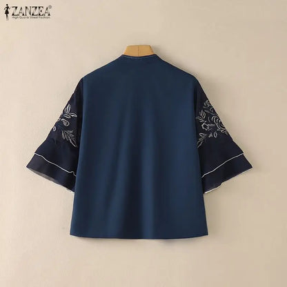ZANZEA Women Floral Embroidered 3/4 Flared Sleeve Blouses Vintage Mandarin Collar Keyhole Neckline Tops Elegant Blusas de Mujer