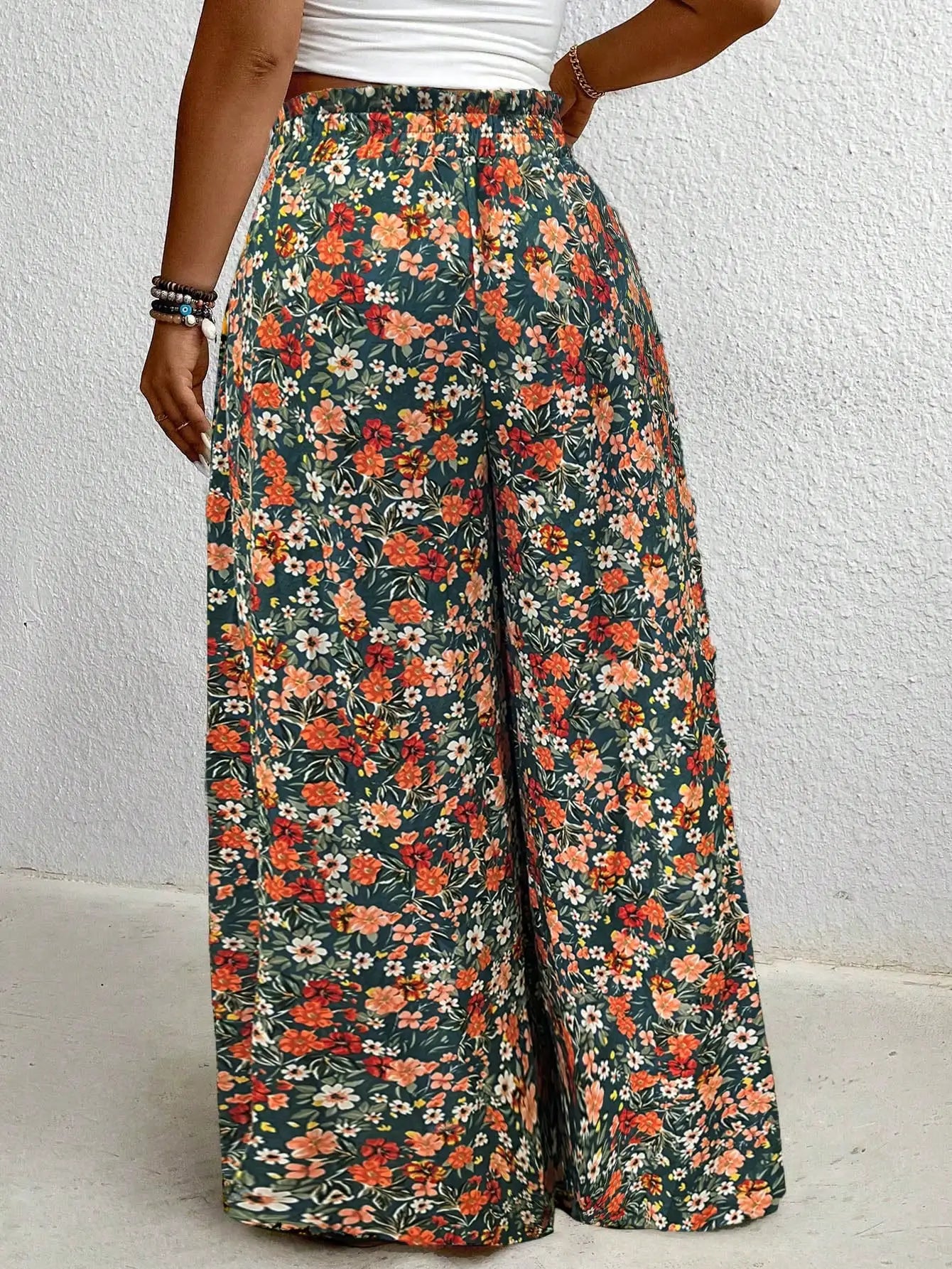 Plus Size Women's Clothing Loose Comfortable Commuting Casual Style Summer Printed Long Pants Elastic Waist Drawstring Draped Wide Leg Pants