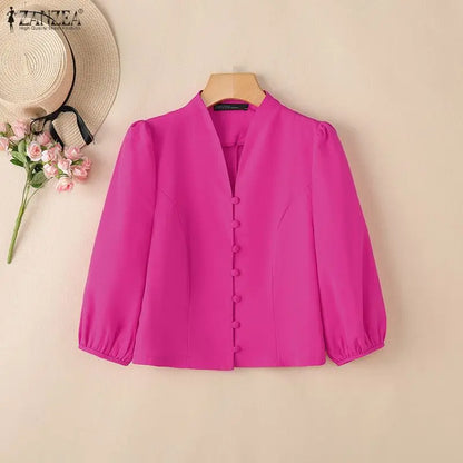 ZANZEA Women's Elegant Princess Seams Short Shirts V-Neck 3/4 Puff Sleeve Button Up Solid Color Tops Classy Party Woman Clothes
