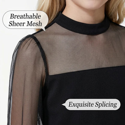 Summer 7-14 Years Girl's Black Sheer Mesh Spliced Mock Neck Long Sleeve Bodycon Dress for Party Daily Formal Casual Kids Elegant